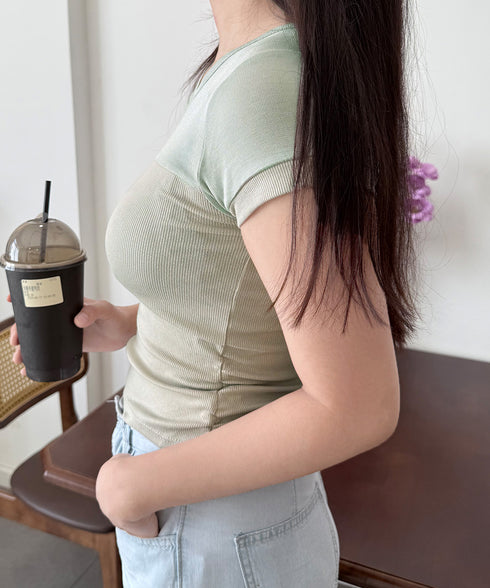 リブTシャツ 異素材切り替えカットソー レディース クルーネックt 大人可愛い 着回し 半袖カットソー おしゃれプルオーバー カジュアルtシャツ ベーシック通勤 617SY-007